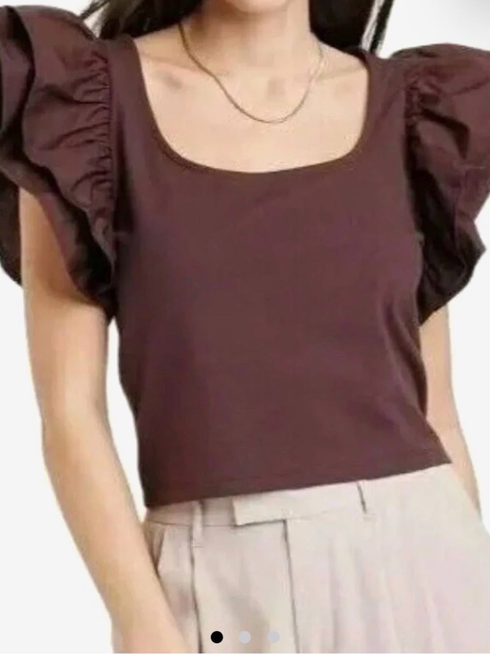 a new day Brown Double Ruffle Sleeve Square Neck Crop Top